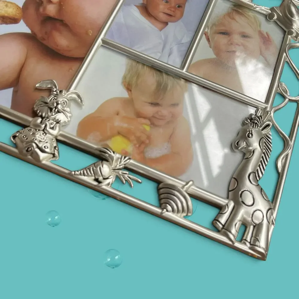 NIB Vtg. Baby Collage Picture Frame Silver Metal Nursery Duck Bunny Giraffe Lamb
